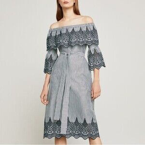 NWT BCBG MAXAZRIA Black and White Stripe Off Shoulder Midi Sundress Size XS